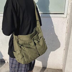 Canvas Messenger Bag, Aesthetic Messenger Bag Large Crossbody Bag with Multiple Pockets Canvas Shoulder Tote Bag Unisex(Army Green)