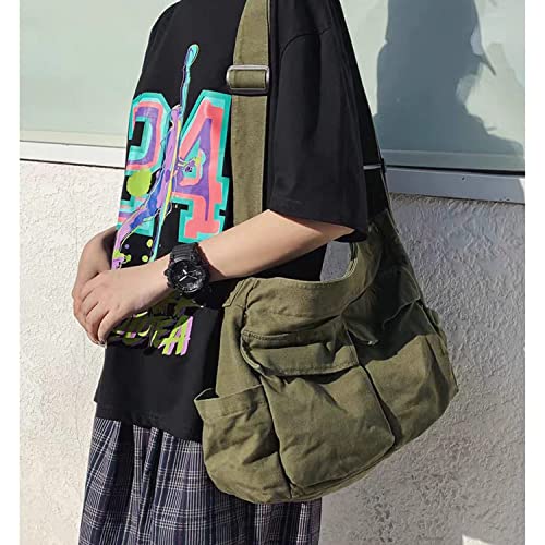 Canvas Messenger Bag, Aesthetic Messenger Bag Large Crossbody Bag with Multiple Pockets Canvas Shoulder Tote Bag Unisex(Army Green)