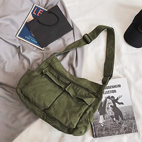 Canvas Messenger Bag, Aesthetic Messenger Bag Large Crossbody Bag with Multiple Pockets Canvas Shoulder Tote Bag Unisex(Army Green)