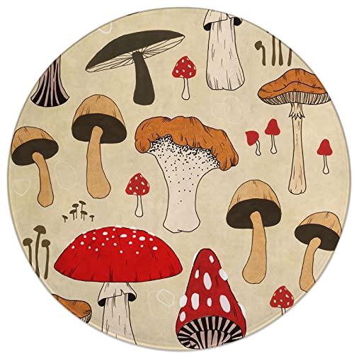 YEAHSPACE Mushroom Rug Round 40 inch Aesthetic Circle Area Rug Living Room Bedroom Decor-Various Artistic Mushroom Art Beige