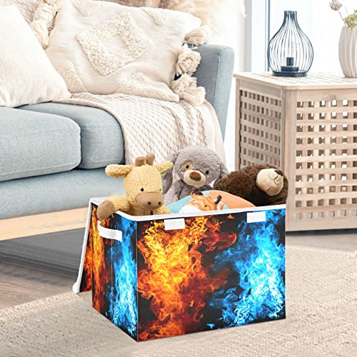 Kigai Red and Blue Fire Storage Basket with Lid Collapsible Storage Bin Fabric Box Closet Organizer for Home Bedroom Office 1 Pack