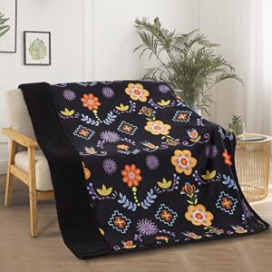 nu trendz (native floral design sherpa fleece throw blanket for couch, super fuzzy soft blanket for sofa chair, double-sided cozy plush blanket throw 50″x60″(southwest navajo print) (black)