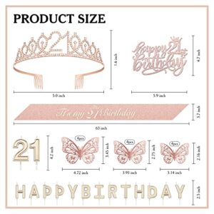 LOLtime 21st Birthday Decorations for Her, Including 21st Birthday Crown, Cake Topper, Tiara, Sash, Butterfly Decorations, Happy Birthday Candles, 21st Birthday Gifts for Her