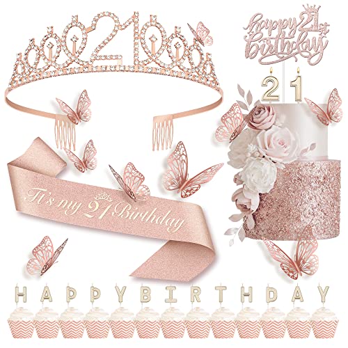 LOLtime 21st Birthday Decorations for Her, Including 21st Birthday Crown, Cake Topper, Tiara, Sash, Butterfly Decorations, Happy Birthday Candles, 21st Birthday Gifts for Her