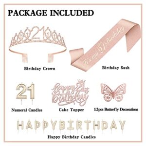 LOLtime 21st Birthday Decorations for Her, Including 21st Birthday Crown, Cake Topper, Tiara, Sash, Butterfly Decorations, Happy Birthday Candles, 21st Birthday Gifts for Her