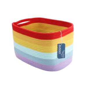aussiy 1 pack rope baskets for storage basket, cotton rope woven basket with handles. blanket basket for storing clothes, toys, books, shelves etc, 15”l x 10”w x 9.5”h, rainbow baskets
