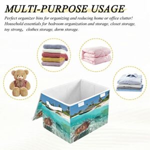 Kigai Beach Turtle Storage Baskets for Shelves Foldable Closet Basket Storage Bins with Lid for Clothes Home Office Toys Organizers