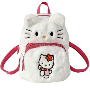 Cute Mini Plush Backpacks for Girls and Women, Kawaii Cat Face Soft Fuzzy Purse Handbags, Pink