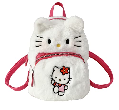 Cute Mini Plush Backpacks for Girls and Women, Kawaii Cat Face Soft Fuzzy Purse Handbags, Pink