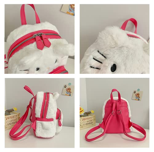 Cute Mini Plush Backpacks for Girls and Women, Kawaii Cat Face Soft Fuzzy Purse Handbags, Pink