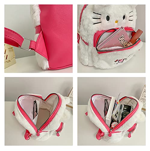 Cute Mini Plush Backpacks for Girls and Women, Kawaii Cat Face Soft Fuzzy Purse Handbags, Pink