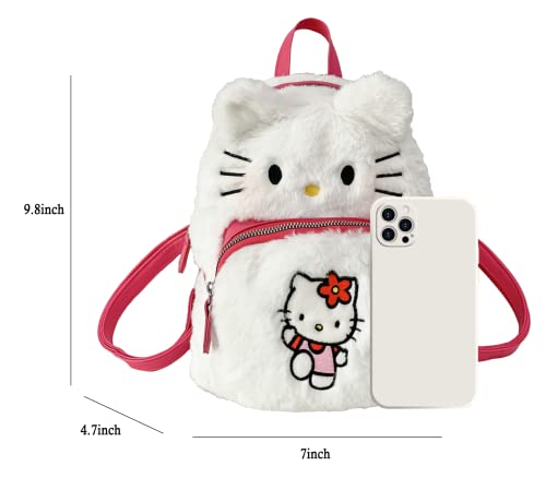 Cute Mini Plush Backpacks for Girls and Women, Kawaii Cat Face Soft Fuzzy Purse Handbags, Pink