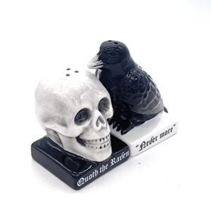 Rustix Quoth The Raven Ceramic Gothic Halloween Decor Cute skull Horror Salt and Pepper Shaker Set Scary Spooky and witchy Gift Fall Season Decor for Kitchen