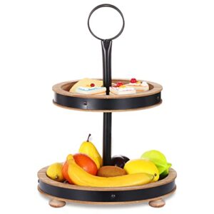 urban deco wood tiered tray, 2-tiered tray decorative dessert stand, farmhouse 2 tier serving tray with metal handle, fruits display tray for kitchen counter, living room table