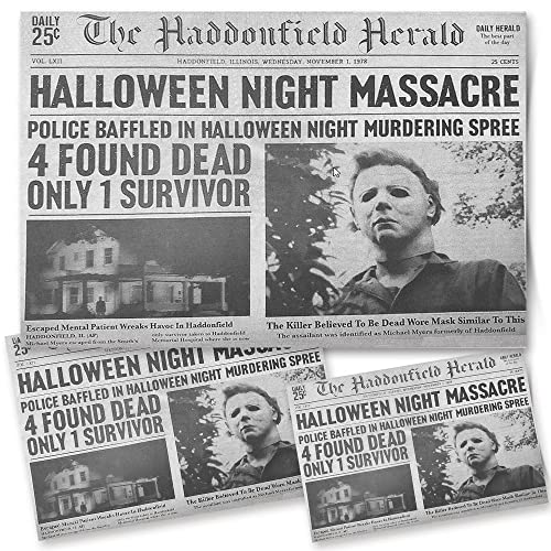 NSQQBQQ 1978 Halloween Haddonfield Herald Halloween Night Massacre，Michael Myers Halloween Decorations Poster，Canvas Print Wall Art Living Room Bedroom Room Decor Halloween Gifts 12X18inch Unframed