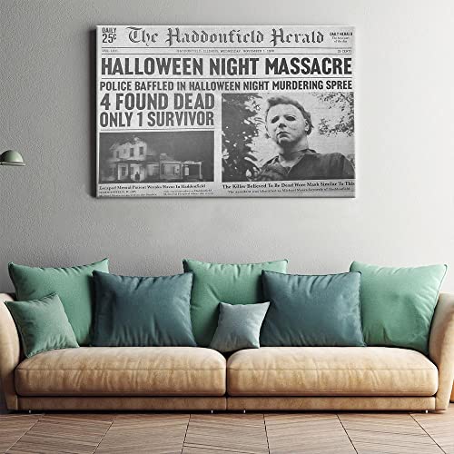 NSQQBQQ 1978 Halloween Haddonfield Herald Halloween Night Massacre，Michael Myers Halloween Decorations Poster，Canvas Print Wall Art Living Room Bedroom Room Decor Halloween Gifts 12X18inch Unframed