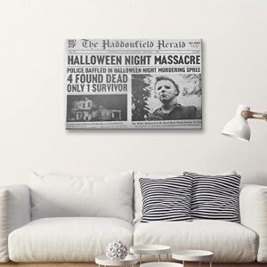 NSQQBQQ 1978 Halloween Haddonfield Herald Halloween Night Massacre，Michael Myers Halloween Decorations Poster，Canvas Print Wall Art Living Room Bedroom Room Decor Halloween Gifts 12X18inch Unframed