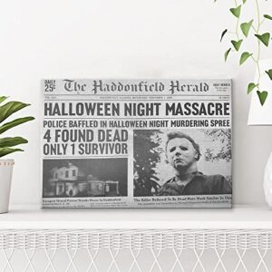 NSQQBQQ 1978 Halloween Haddonfield Herald Halloween Night Massacre，Michael Myers Halloween Decorations Poster，Canvas Print Wall Art Living Room Bedroom Room Decor Halloween Gifts 12X18inch Unframed