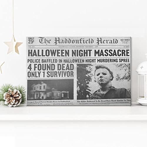 NSQQBQQ 1978 Halloween Haddonfield Herald Halloween Night Massacre，Michael Myers Halloween Decorations Poster，Canvas Print Wall Art Living Room Bedroom Room Decor Halloween Gifts 12X18inch Unframed