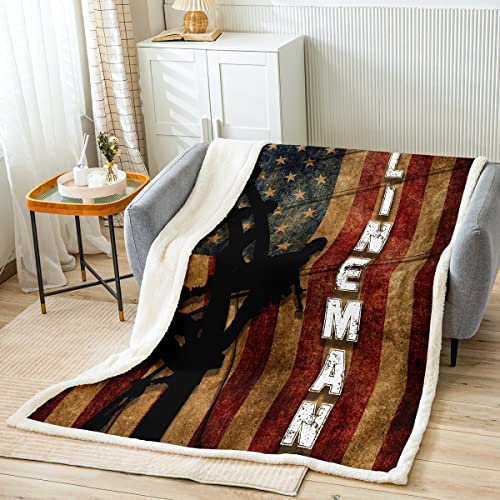 Lineman Blanket Vintage American Flag Sherpa Blanket Retro Usa Flag Print Throw Blanket Red and Blue Grunge Stripes Fleece Blanket Electrician Lineman Silhouette Fuzzy Blanket Father's Day 60”x80”