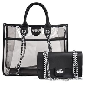 dasein 2pcs women clear satchel purse transparent pvc tote fashion jelly bag cute shoulder crossbody bag (black)