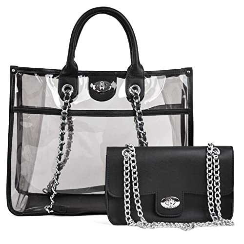 Dasein 2Pcs Women Clear Satchel Purse Transparent PVC Tote Fashion Jelly bag Cute Shoulder Crossbody bag (Black)