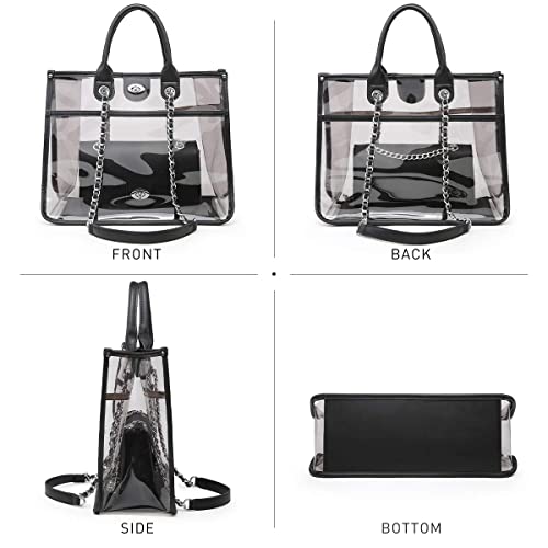 Dasein 2Pcs Women Clear Satchel Purse Transparent PVC Tote Fashion Jelly bag Cute Shoulder Crossbody bag (Black)