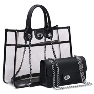 Dasein 2Pcs Women Clear Satchel Purse Transparent PVC Tote Fashion Jelly bag Cute Shoulder Crossbody bag (Black)