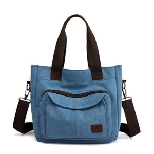 women’s canvas shoulder crossbody bag small tote purse multi-pocket work bags top handle handbag (blue)
