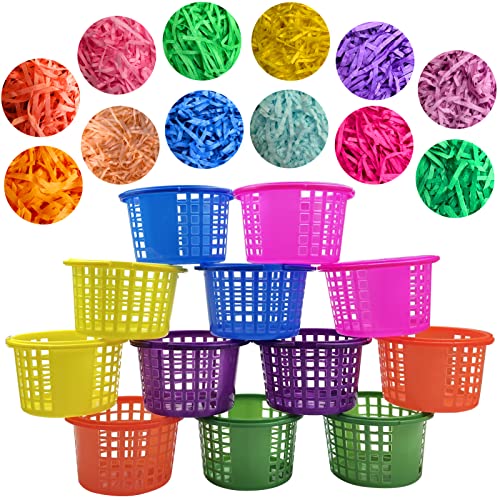 Easter Baskets Bulk, 12+12PCS Plastic Easter Baskets Small and Colorful Easter Grass Stuffers, Easter Bucket with Handles for Kids Boys Girls, Fillers Easter Round Baskets for Party Easter Hunt