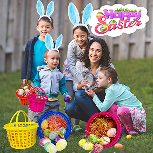 Easter Baskets Bulk, 12+12PCS Plastic Easter Baskets Small and Colorful Easter Grass Stuffers, Easter Bucket with Handles for Kids Boys Girls, Fillers Easter Round Baskets for Party Easter Hunt