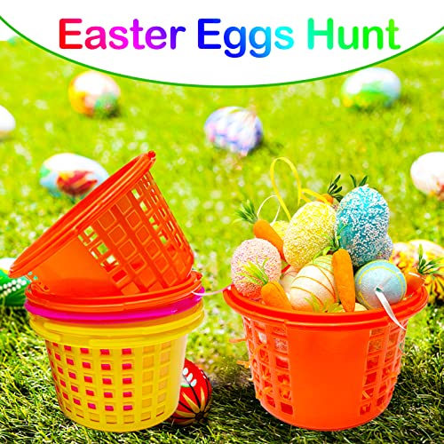 Easter Baskets Bulk, 12+12PCS Plastic Easter Baskets Small and Colorful Easter Grass Stuffers, Easter Bucket with Handles for Kids Boys Girls, Fillers Easter Round Baskets for Party Easter Hunt