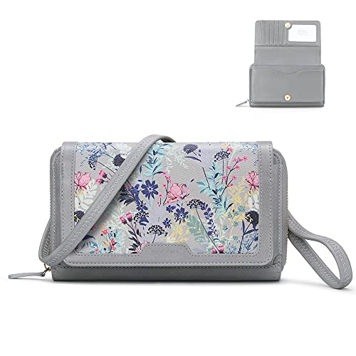 Women Crossbody Wallet Purse, RFID Card Holder Wristlet Clutch 2 Straps,Grey Floral