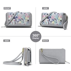 Women Crossbody Wallet Purse, RFID Card Holder Wristlet Clutch 2 Straps,Grey Floral