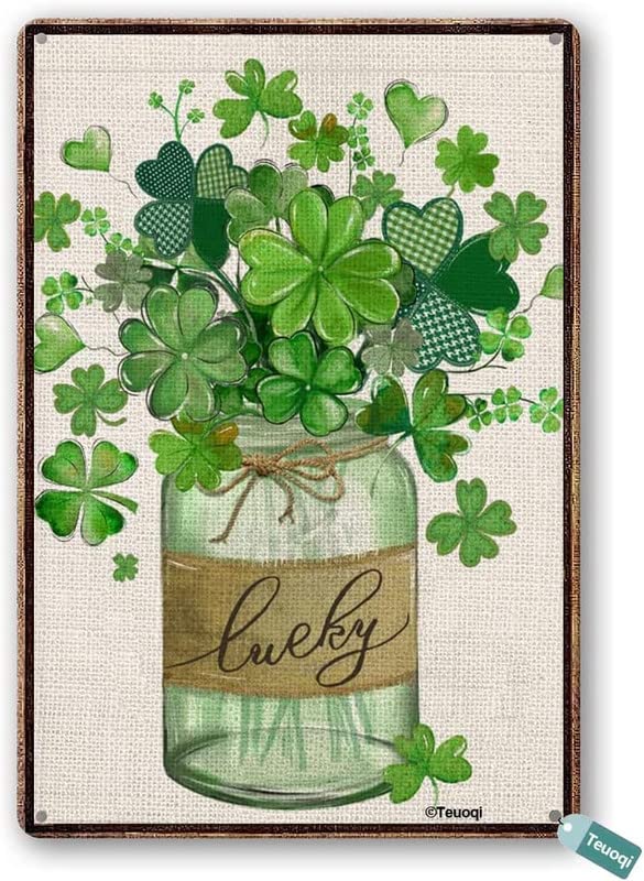 Teuoqi Retro Tin Sign St Patricks Day Green Shamrocks Clovers Mason Jar Lucky Welcome Holiday Decoration Valentines Day Metal Signs Wall Decor 8x12 in