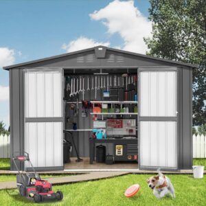 domi backyard storage shed 9.8’ x 7.9’ with galvanized steel frame,outdoor garden shed metal utility tool storage room with latches and lockable door for balcony lawn poolside (dark gray)