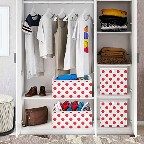 Polka Dot Red White Collapsible Fabric Storage Cubes Bins with Handles Square Closet Organizer Waterproof Lining for Nursery Drawer Shelves Cabinet 15.75x10.63x6.96 Inches