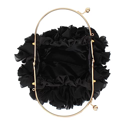 Women Rose Clutch Purse Satin Floral Evening Bag Wedding Party Top-handle Handbag (Black)