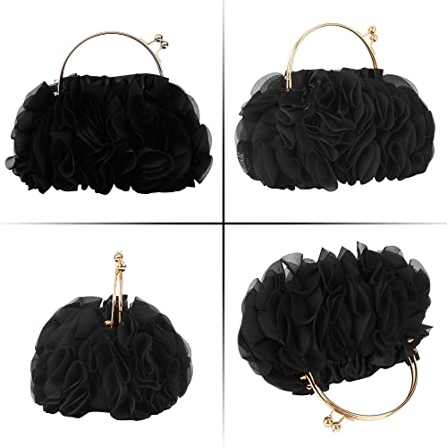 Women Rose Clutch Purse Satin Floral Evening Bag Wedding Party Top-handle Handbag (Black)