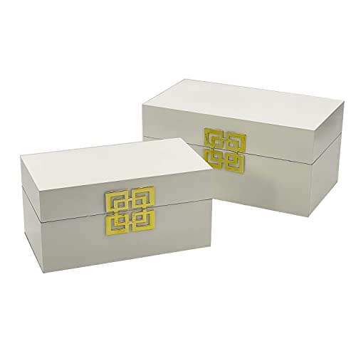 Galt International Storage Boxes - Large & Small Decorative Storage Box w/ Hinged Lid - Classic Design Wood Decor Boxes with Geometric Opening Clasp - Home & Office Storage - Set of 2 (White + Gold)