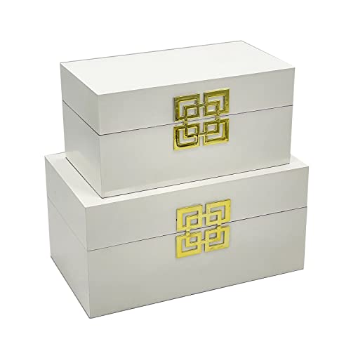 Galt International Storage Boxes - Large & Small Decorative Storage Box w/ Hinged Lid - Classic Design Wood Decor Boxes with Geometric Opening Clasp - Home & Office Storage - Set of 2 (White + Gold)