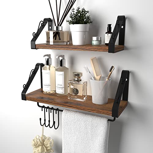 Ditwis Wall Shelves Set of 4, Rustic Storage Wood Floating Shelves with Towel Bar and Removable Hooks for Bathroom,