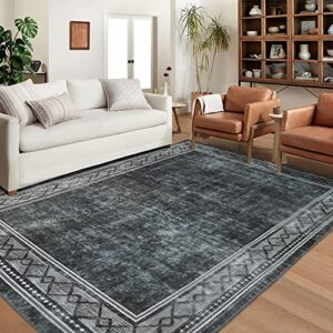 zacoo machine washable rug, modern bordered area rug for living room, 5×7 ft soft indoor rug non-shed foldable floor mat contemporary throw carpet non slip thin mat bedroom dorm home office, grey
