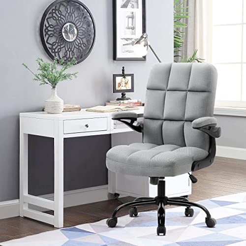 SEATZONE Home Office Chairs Fabric Upholstered Desk Chair with Armrests, Modern Executive Swivel Task Chair for Home Office,Grey