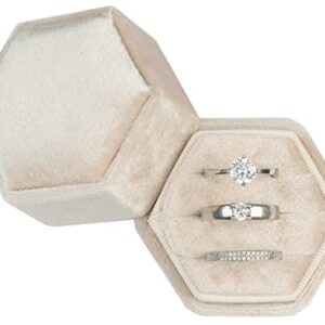 Giftop Equal Hexagon Velvet Ring Box Storage 3 Slots for Wedding Ceremony Proposal Engagement Birthday (Beige)