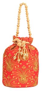 indtresor beaded handcrafted embroidered evening purse drawstring handbag vintage party wedding gift for women. red gold