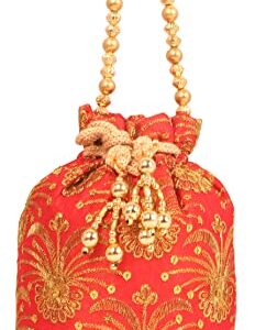 Indtresor beaded handcrafted embroidered evening purse drawstring handbag vintage party wedding gift for women. Red Gold