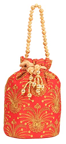 Indtresor beaded handcrafted embroidered evening purse drawstring handbag vintage party wedding gift for women. Red Gold