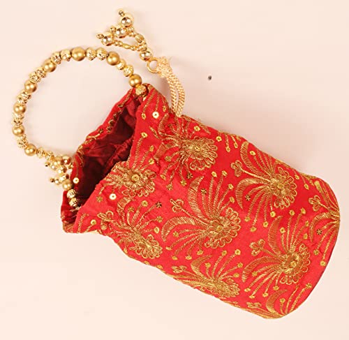 Indtresor beaded handcrafted embroidered evening purse drawstring handbag vintage party wedding gift for women. Red Gold