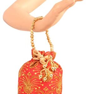 Indtresor beaded handcrafted embroidered evening purse drawstring handbag vintage party wedding gift for women. Red Gold